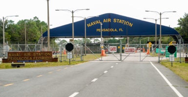 A general view of the atmosphere at the Pensacola Naval Air Station following a shooting on Dec. 6 in Pensacola, Florida. The shooting has left three innocent people dead and eight people wounded.