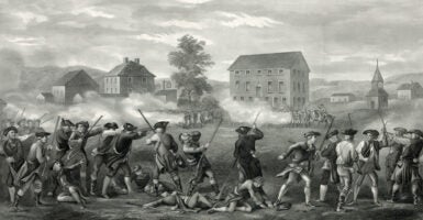A black and white illustration depicts the Battle of Lexington and Concord in April 1775.