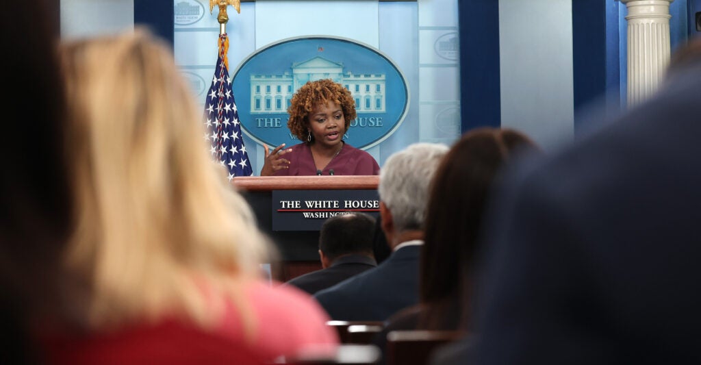 White House press secretary Karine Jean-Pierre speaks at the daily press briefing