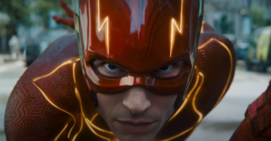 A close up shot of Ezra Miller as 