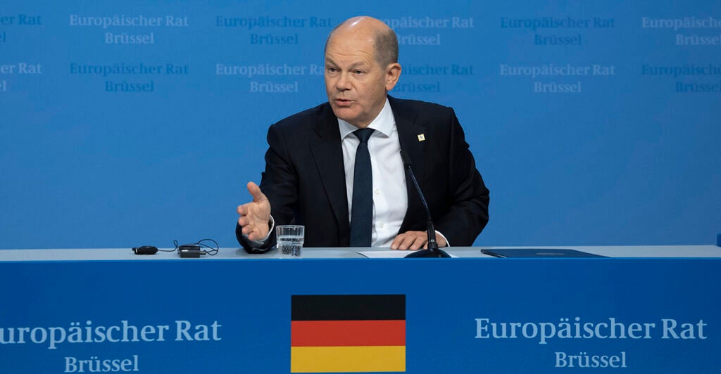 German Chancellor Olaf Scholz talks to the media at a press conference