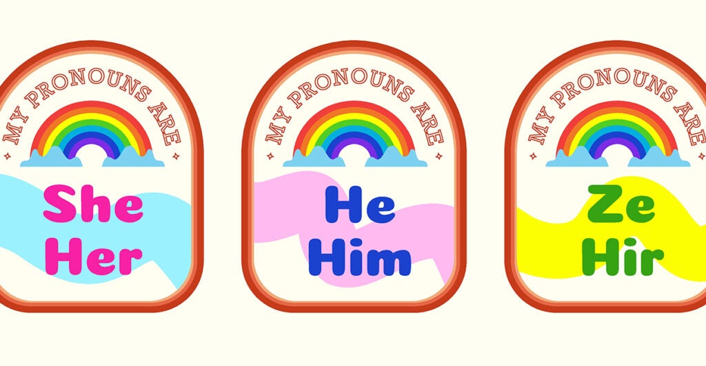 A “preferred pronouns” sticker set with she/her, he/him, ze/hir.