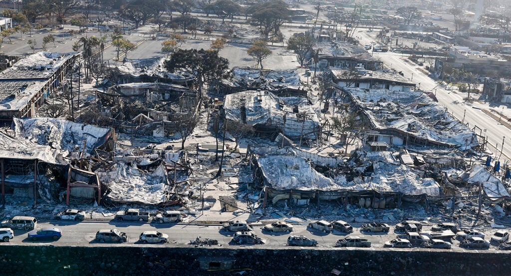 Buildings and cars burned out in Lahaina, Maui, Hawaii