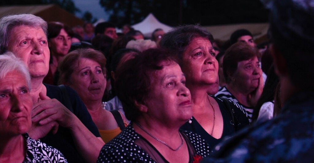 Republican New Jersey Rep. Chris Smith called on his colleagues Wednesday to recognize that 120,000 Armenian Christians living in Nagorno-Karabakh are facing extinction. Pictured: Demonstrators rally to demand the reopening of a blockaded road linking the Nagorno-Karabakh region to Armenia and to decry crisis conditions in the region, in Stepanakert on July 25, 2023. Karabakh has been at the centre of a decades-long dispute between Armenia and Azerbaijan, which have fought two wars over the mountainous territory. (Photo by Ani BALAYAN / AFP) (Photo by ANI BALAYAN/AFP via Getty Images)