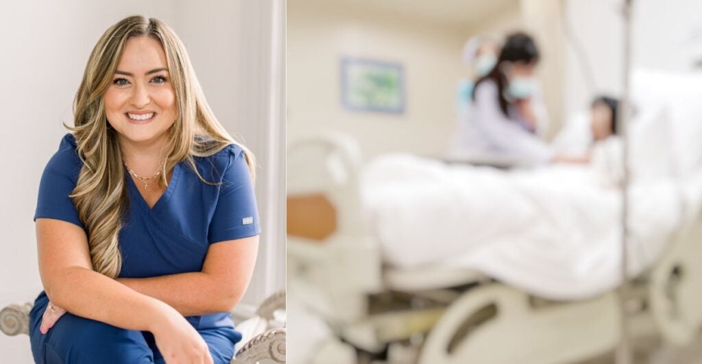 Vanessa Sivadge in a blue t-shirt and a stock photo of a doctor treating a patient