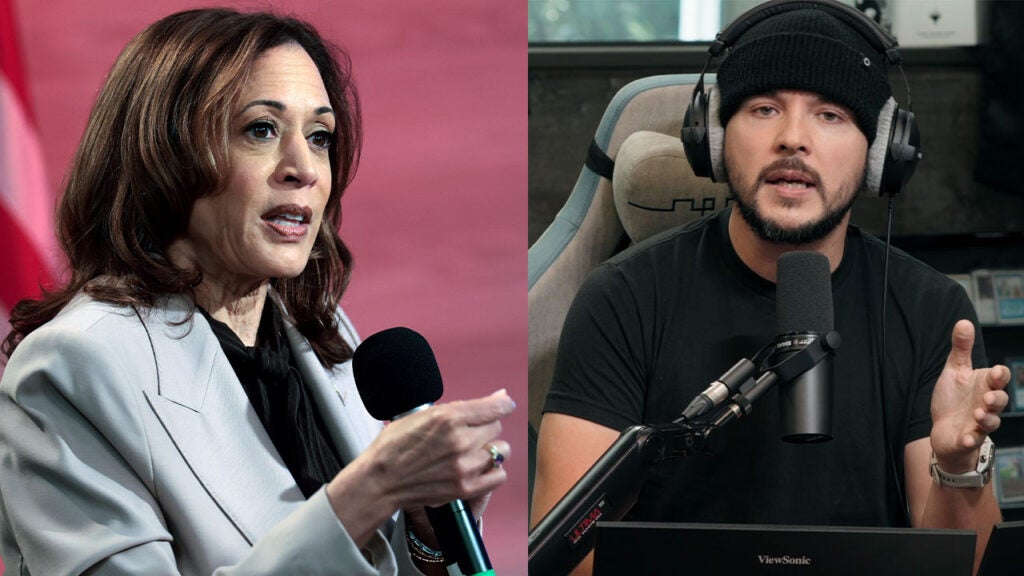 Split screen shows Kamala Harris and Tim Pool