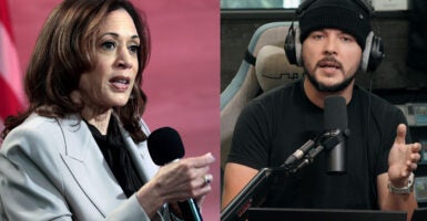 Split screen shows Kamala Harris and Tim Pool