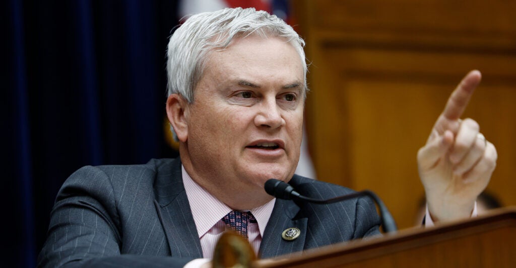 House Oversight and Accountability Committee Chairman Rep. James Comer wags a finger at a witness before his panel.