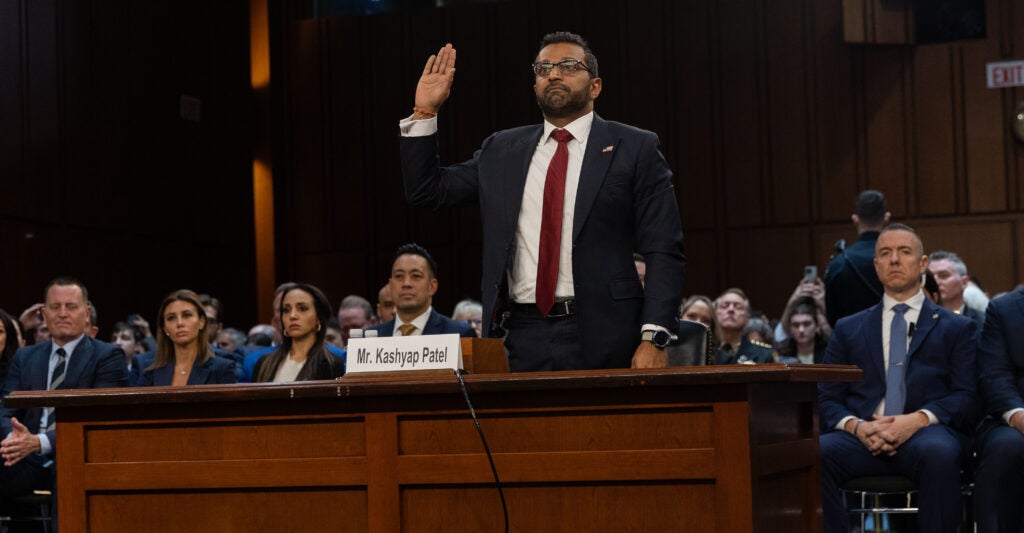 Kash Patel, nominee to be director of the FBI, is sworn in for a hearing of the Senate Judiciary Committee on Thursday.