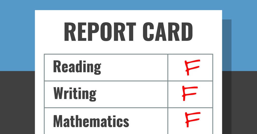 A report card with "F" scores in reading, wriiting, and arithmetic