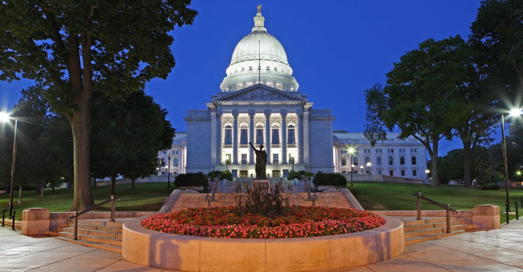 Wisconsin state Capitol building in Madison at dusk