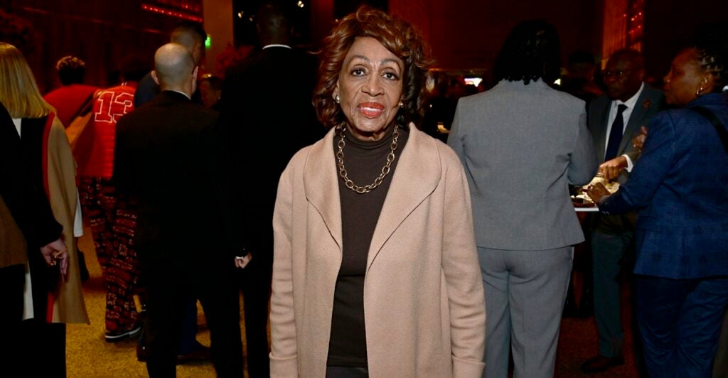 Maxine Waters stands by herself with her hands by her side.