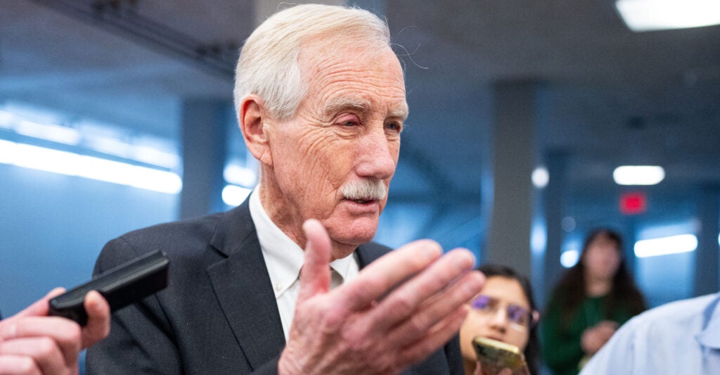 Sen. Angus King, I-Maine, speaks with reporters at the Capitol.