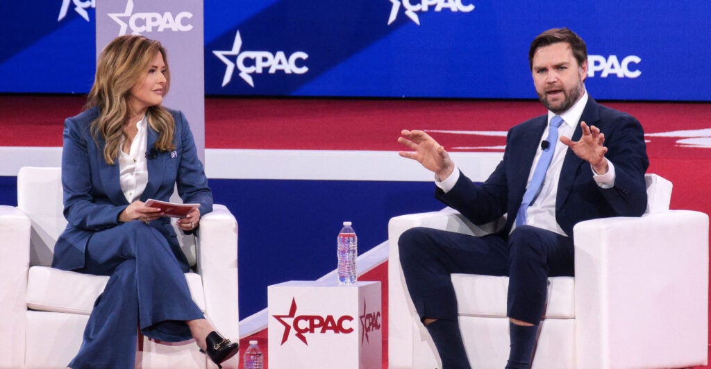Vice President JD Vance speaks during an interview with political commentator Mercedes Schlapp at the 2025 Conservative Political Action Conference on Wednesday in Oxon Hill, Maryland.