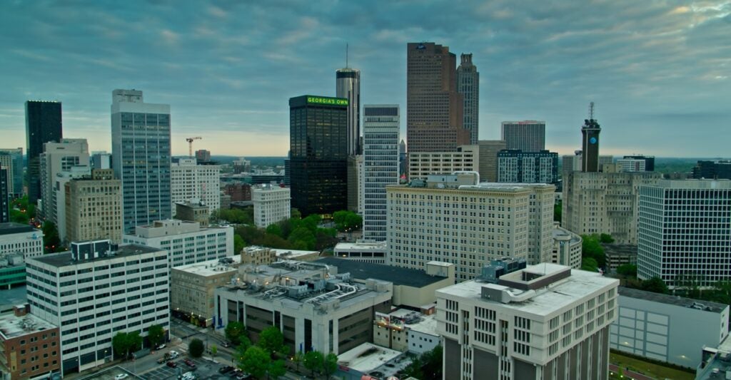 An aerial view of Georgia State University and downtown Atlanta.