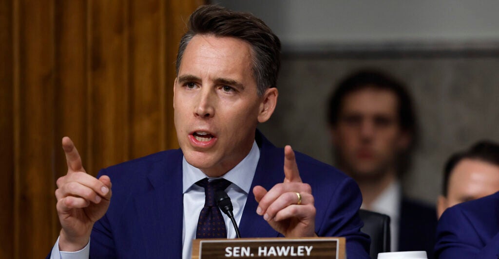 Sen. Josh Hawley, R-Mo., gestures during a Senate committee hearing.