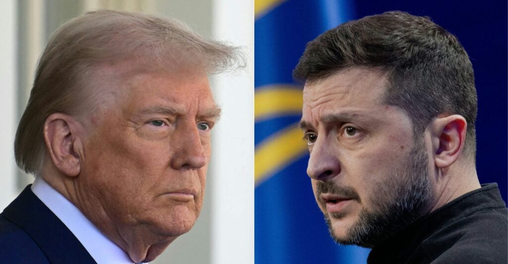 Donald Trump on left, Volodymyr Zelenskyy on right.