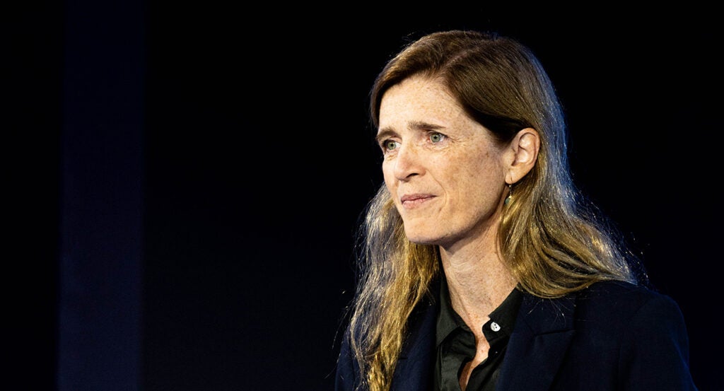 USAID Administrator Samantha Power in front of a dark background