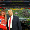 A collage of Kendrick Lamar, Taylor Swift, and President Donald Trump superimposed in front of the Super Bowl LIX field.