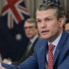 Secretary of Defense Pete Hegseth speaks to reporters Friday during a visit to the Pentagon by two Australian officials.