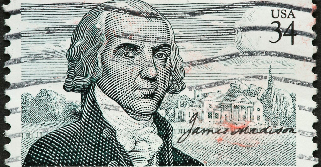 An artist's rendering of Founding Father James Madison—who was the fourth president, serving from 1809 to 1817—was featured on a 34-cent first-class postage stamp in 2001.