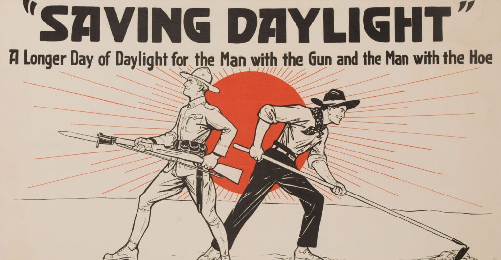 A farmer and a soldier enjoy the benefits of "a longer day" provided by daylight saving, circa 1917, in an ad produced by the United Cigar Stores Co.