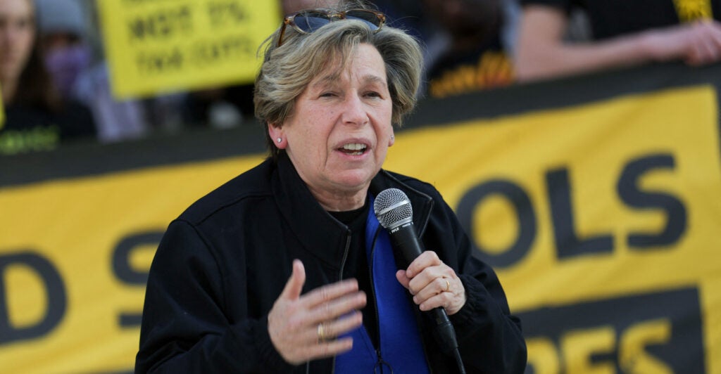 Randi Weingarten, president of the American Federation of Teachers, speaks at a protest outside of the offices of the U.S. Department of Education in Washington, D.C., on March 13.