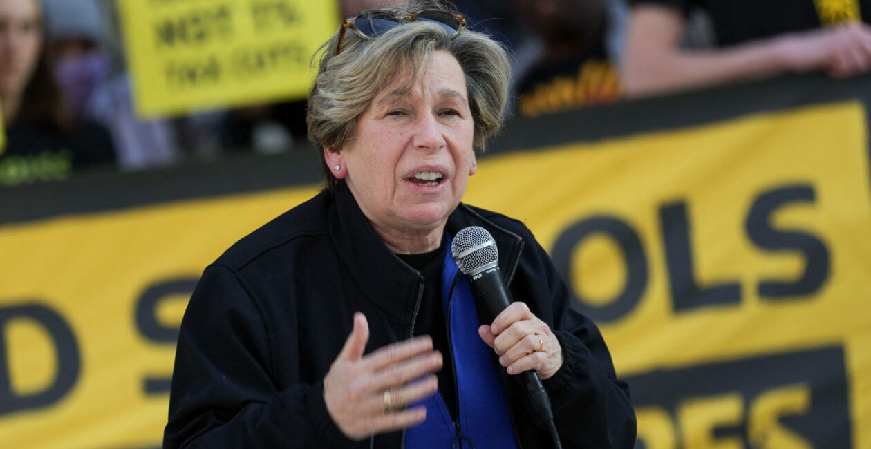Randi Weingarten, president of the American Federation of Teachers, speaks at a protest outside of the offices of the U.S. Department of Education in Washington, D.C., on March 13.
