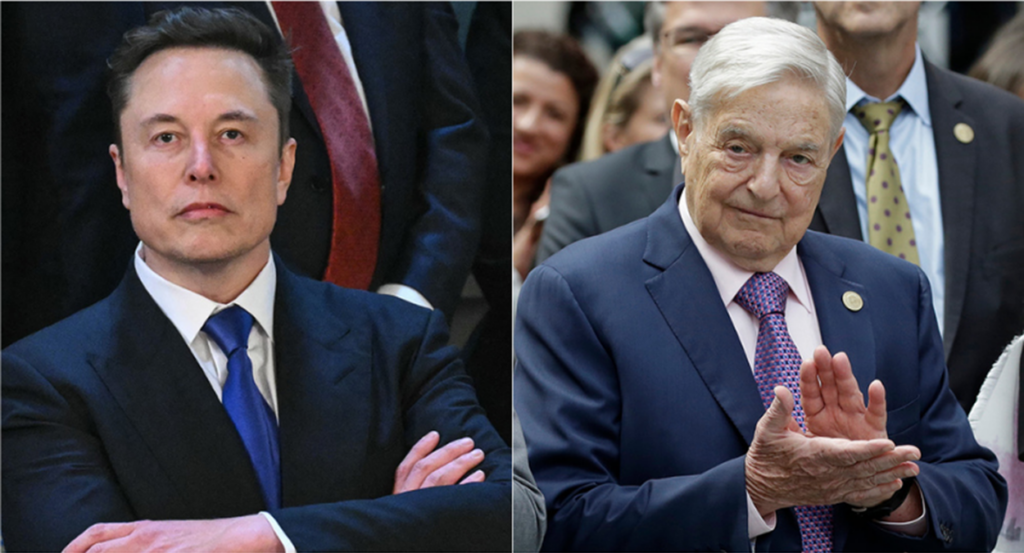 Elon Musk in a suit with a blue tie and George Soros in a blue suit with a blue tie.