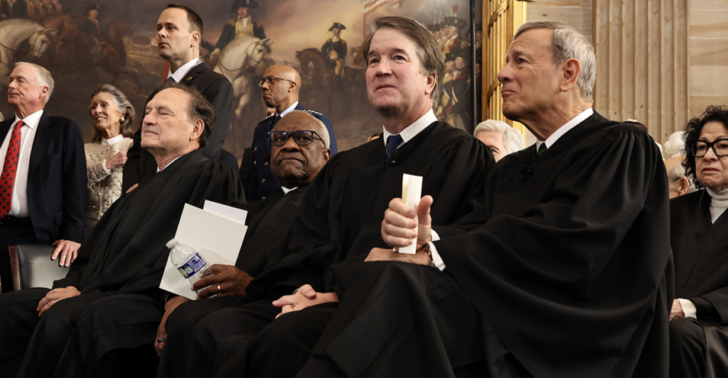 (L-R) U.S. Associate Supreme Court Justice Samuel Alito, Jr., U.S. Associate Supreme Court Justice Clarence Thomas, U.S. Supreme Court Associate Justice Brett Kavanaugh and U.S. Supreme Court Chief Justice John Roberts.