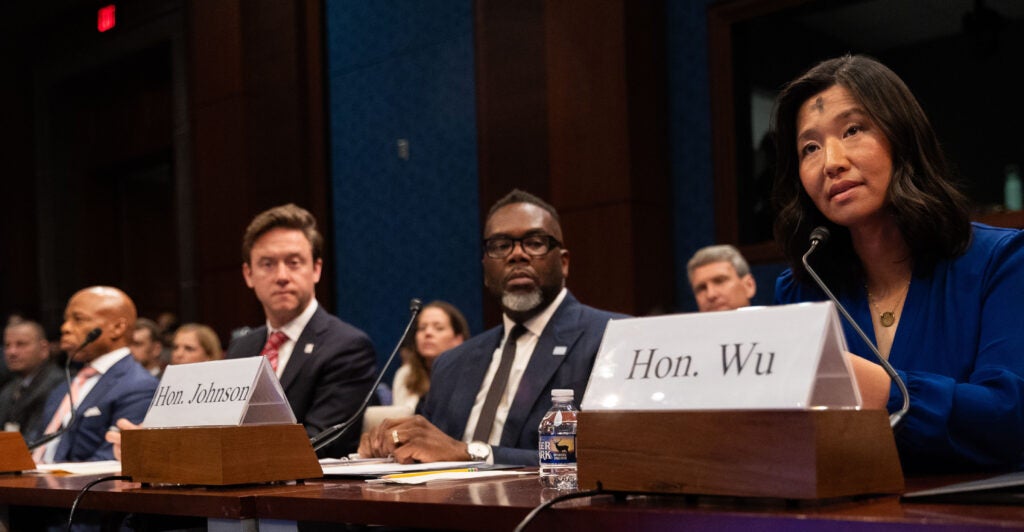 From left, New York City Mayor Eric Adams, Denver Mayor Michael Johnston, Chicago Mayor Brandon Johnson, and Boston Mayor Michelle Wu.