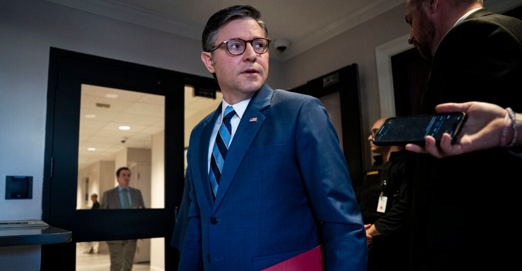 Speaker of the House Mike Johnson, R-La., makes remarks to reporters.