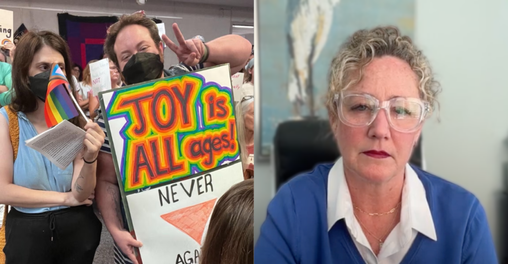On the left, a transgender activist holds a sign reading "Joy is all ages" and on the right Julie Mauck