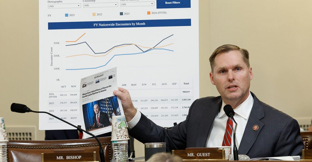 With a giant chart behind him documenting illegal immigration statistics, Rep. Michael Guest, R-Miss., speaks at a hearing of the House Committee on Homeland Security on Jan. 30, 2024.
