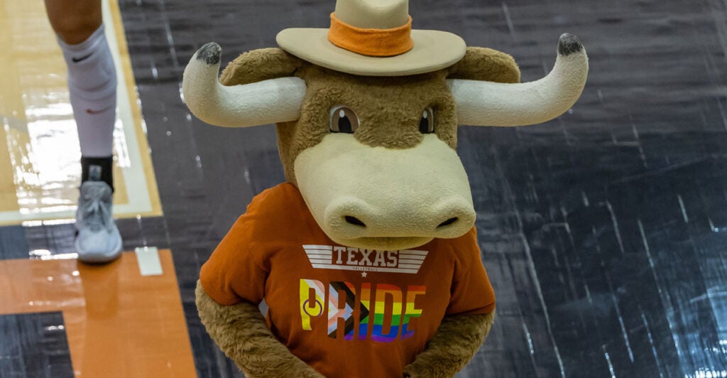 a person dressed up as the University of Texas at Austin ball mascot with a gay T-shirt that says Texas pride