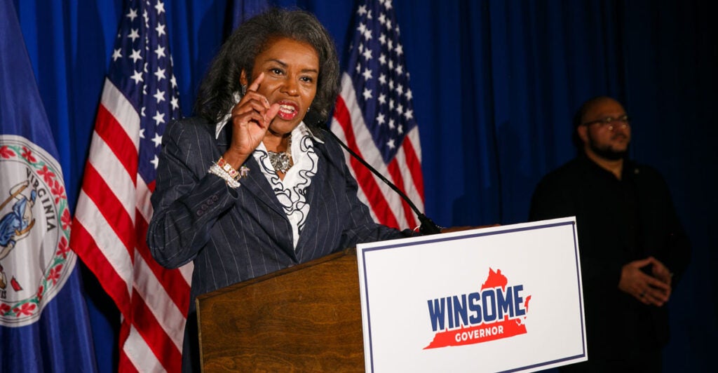 Virginia Lieutenant Governor Winsome Sears speaks emphatically at a podium at a campaign event as she campaigns for governor