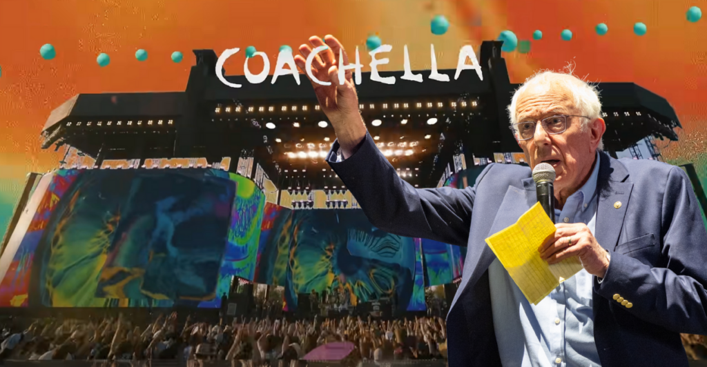A photo of the Coachella music festival stage superimposed with Bernie Sanders speaking into a microphone on top of it.