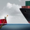 An abstract illustration of the U.S. trade deficit as a freight liner transporting huge cargo contrasted with one businessman rowing a single container in the ocean, as a metaphor for an economic imbalance.