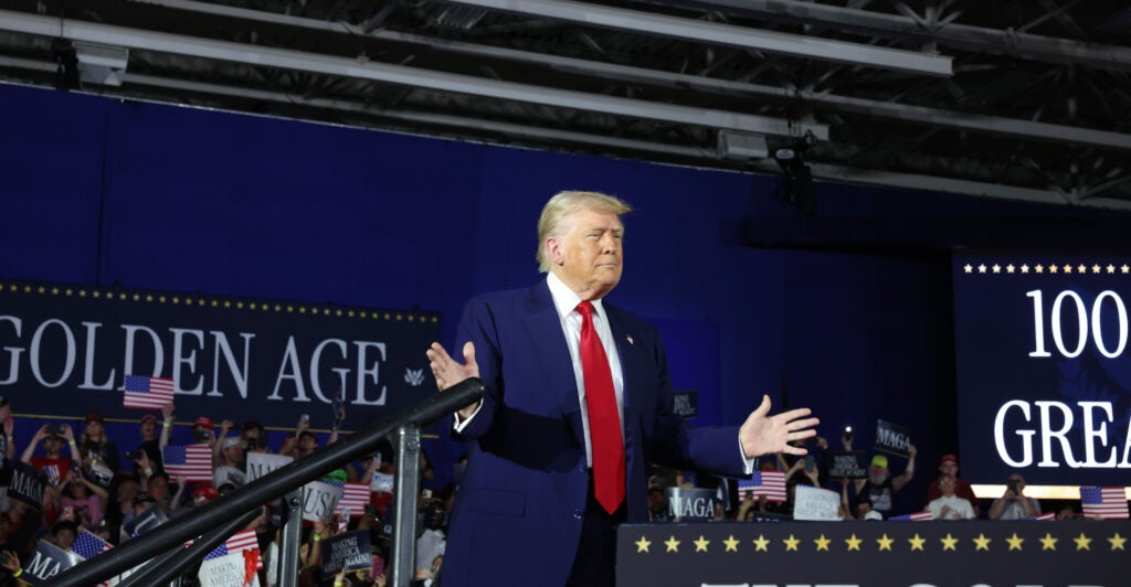 President Donald Trump speaks at a rally at Macomb Community College on Tuesday at Warren, Michigan. Trump held the rally to highlight his accomplishments during his first 100 days of his second term.