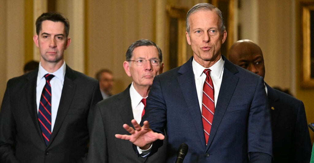 From left: Sen. Tom Cotton, R-Ark.; Senate Majority Whip John Barrasso, R-Wyo.; Senate Majority Leader John Thune, R-S.D.; and Sen. Tim Scott, R-S.C.