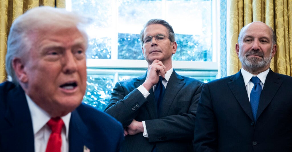 President Donald Trump with Treasury Secretary Scott Bessent (center) and Commerce Secretary Howard Lutnick in the Oval Office