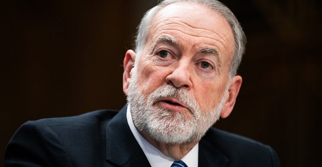 Then-U.S. Ambassador-designate to Israel Mike Huckabee testifies during his Senate Foreign Relations Committee confirmation hearing in Washington on March 25.