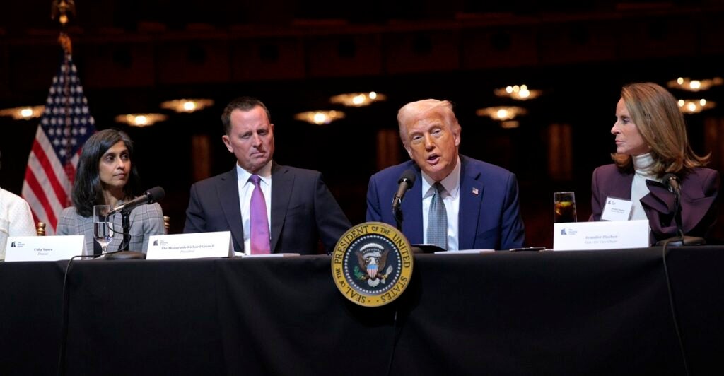 Donald Trump sits at a table and talks into a microphone during a meeting.