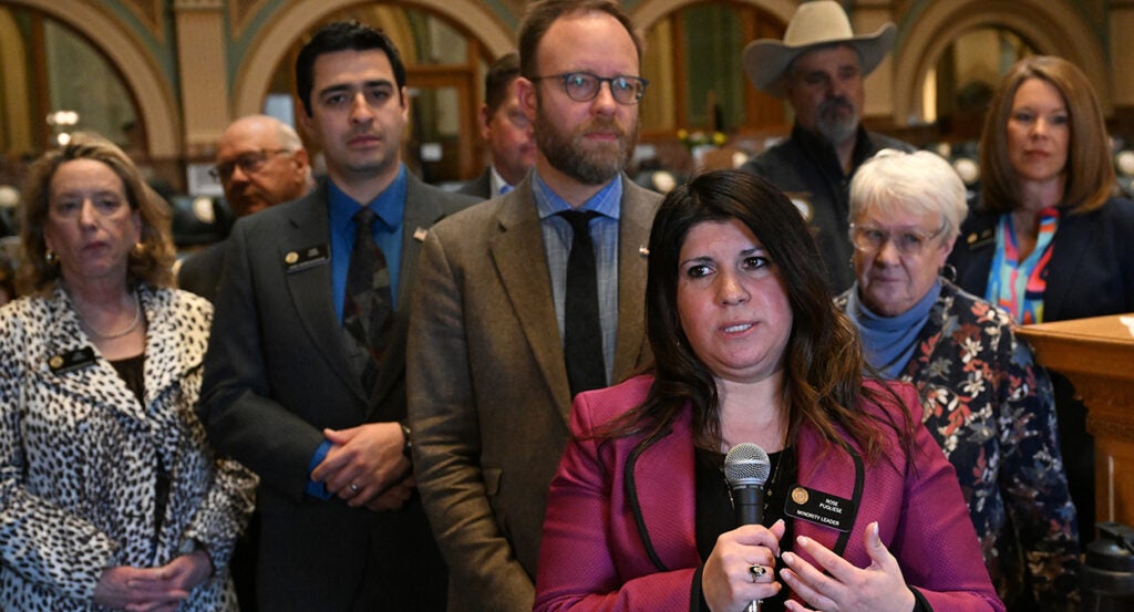 Colorado House Minority Leader Rose Pugliese in pink gestures