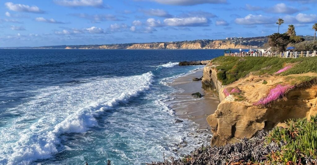 The coastline in San Diego as waves approach the beach.