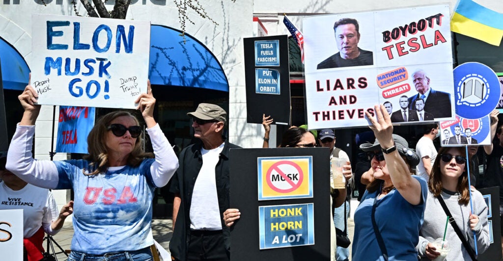 Demonstrators rally against Tesla CEO Elon Musk holding up signs that say things like Elon musk go and liars and thieves.