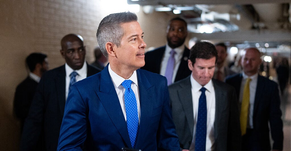 Secretary of Transportation Sean Duffy leaves the House Republican Conference caucus meeting in the Capitol on April 8.