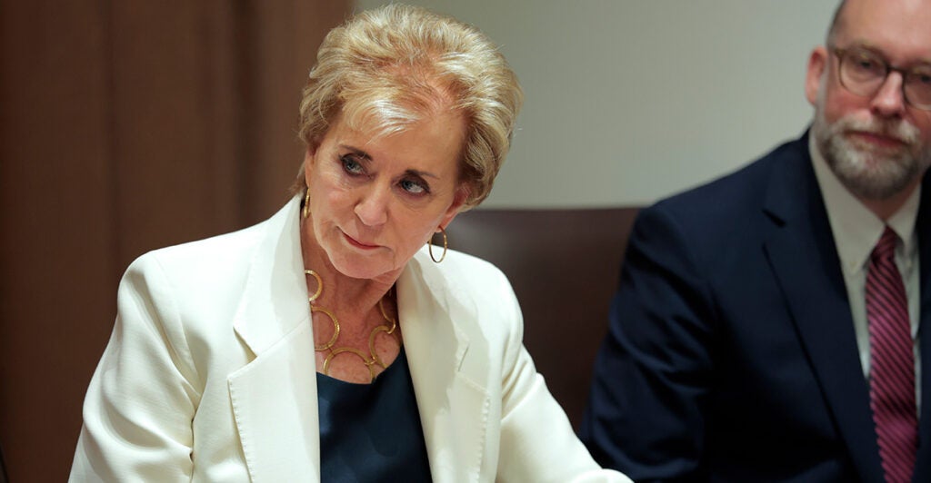U.S. Secretary of Education Linda McMahon listens during a Cabinet meeting at the White House on April 10.