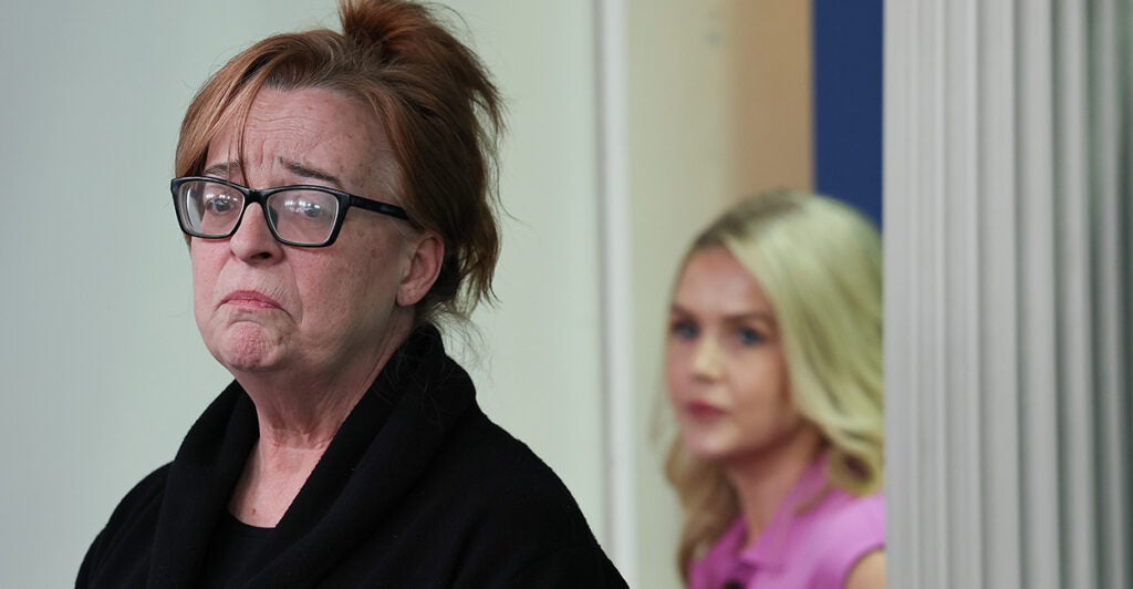 Patty Morin, mother of slaying victim Rachel Morin, speaks Wednesday as White House press secretary Karoline Leavitt looks on.
