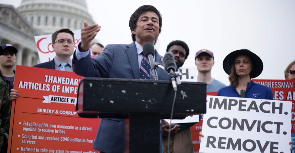 Rep. Shri Thanedar, D-Mich., speaks at a news conference at the Capitol on Wednesday about filing articles of impeachment against President Donald Trump.